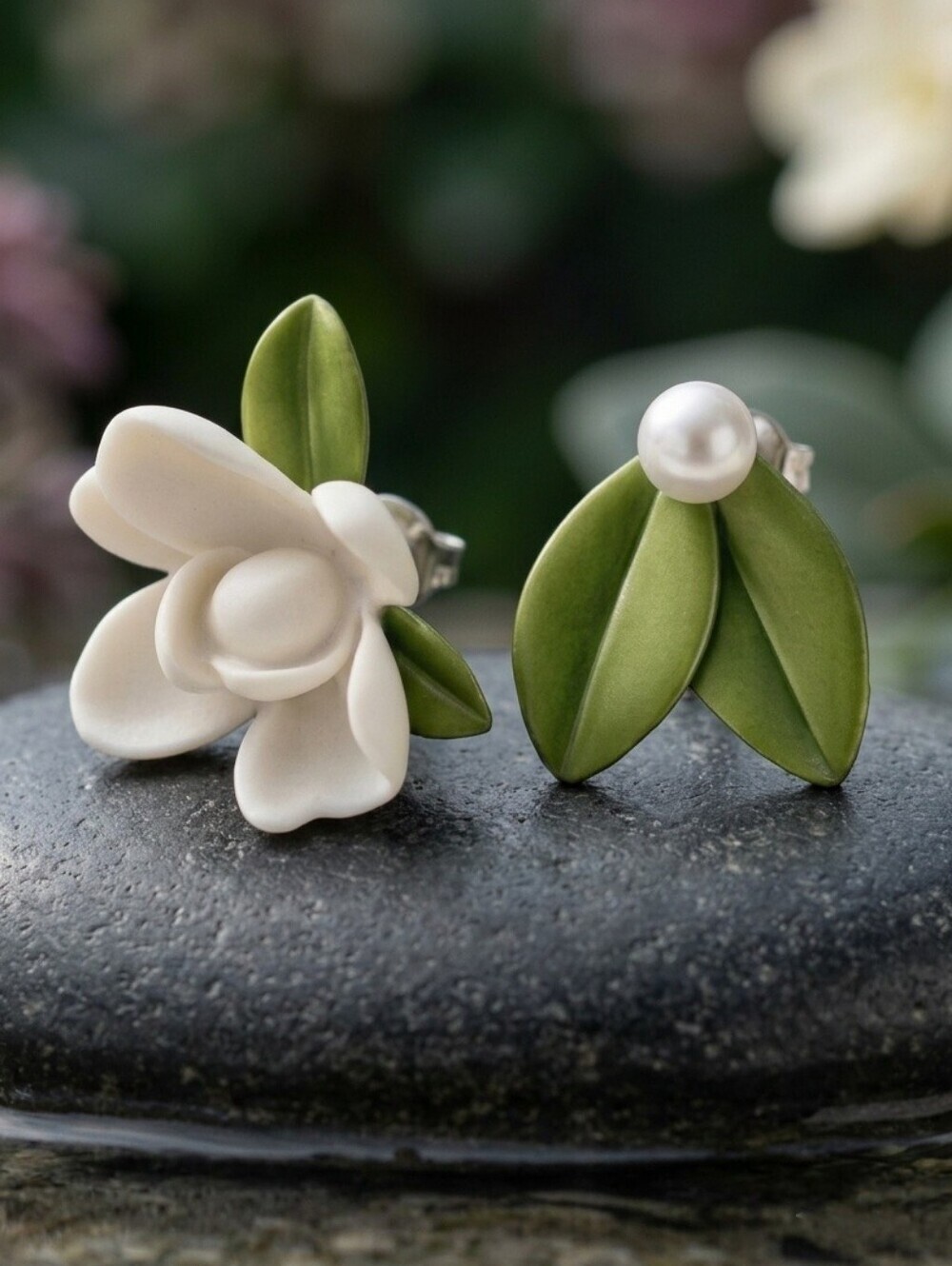 Mismatched Flower and Leaf Resin Stud Earrings 925 Silver Post Cottagecore 1" - Picture 12 of 16